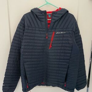 Eddie Bauer Navy Quilted Hooded Jacket with Red Accents